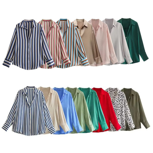 All-match Silk Satin Texture Draping Long-sleeved Shirt For Women